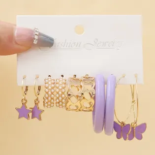Trendy Purple Butterfly Star Heart Hoop Earring Set (5 pairs)